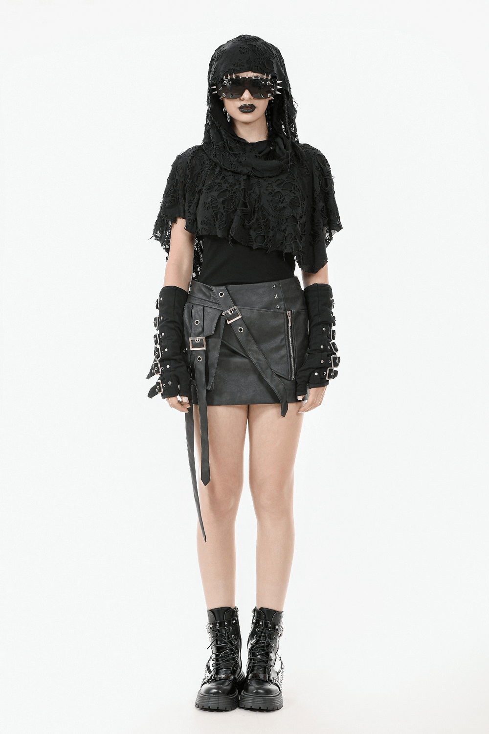 Distressed Punk Hooded Poncho Cape with Tattered Design