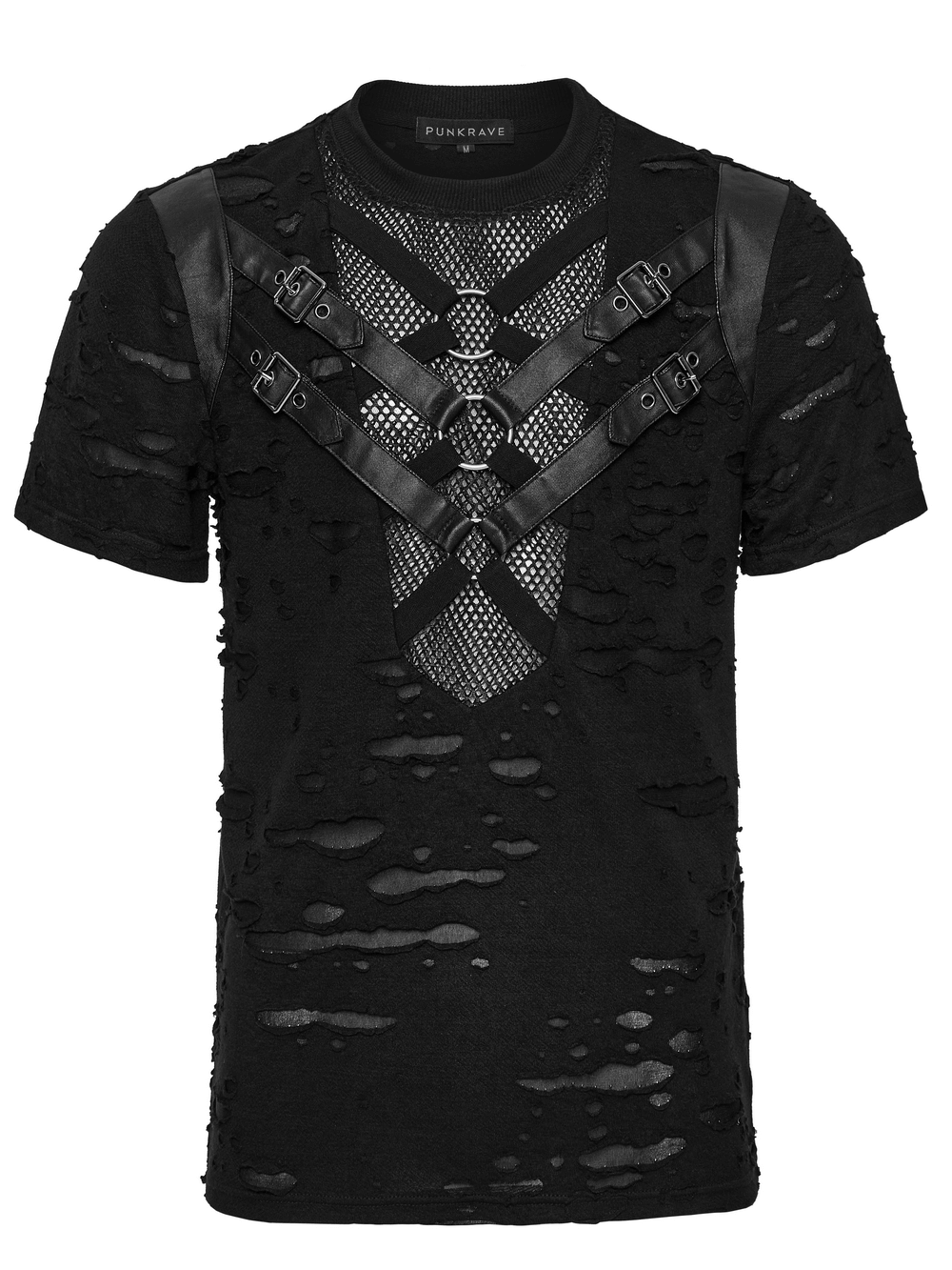 Distressed Punk Mesh T-shirt with Leather Straps and Rings
