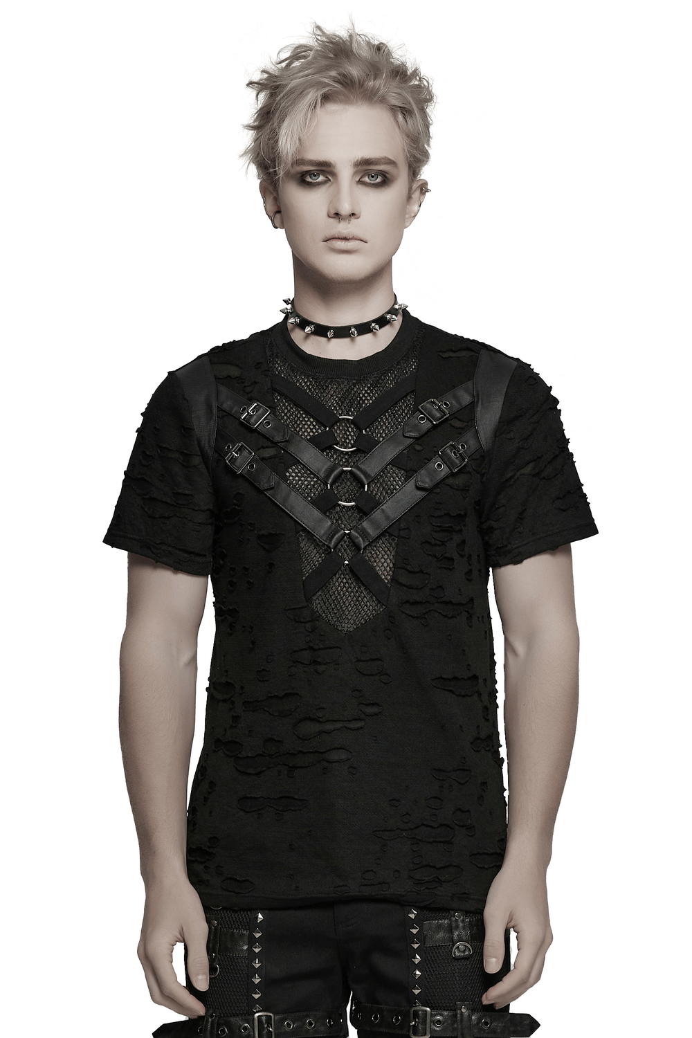 Distressed Punk Mesh T-shirt with Leather Straps and Rings