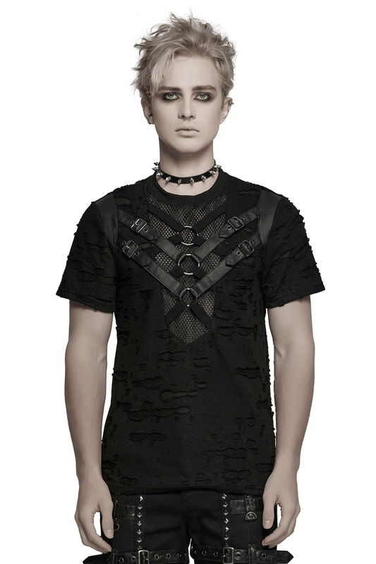 Distressed Punk Mesh T-shirt with Leather Straps and Rings