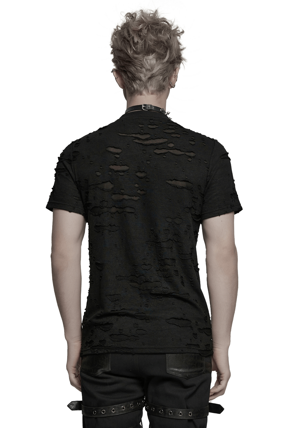 Distressed Punk Mesh T-shirt with Leather Straps and Rings