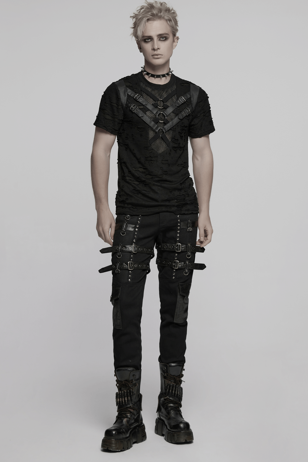 Distressed Punk Mesh T-shirt with Leather Straps and Rings