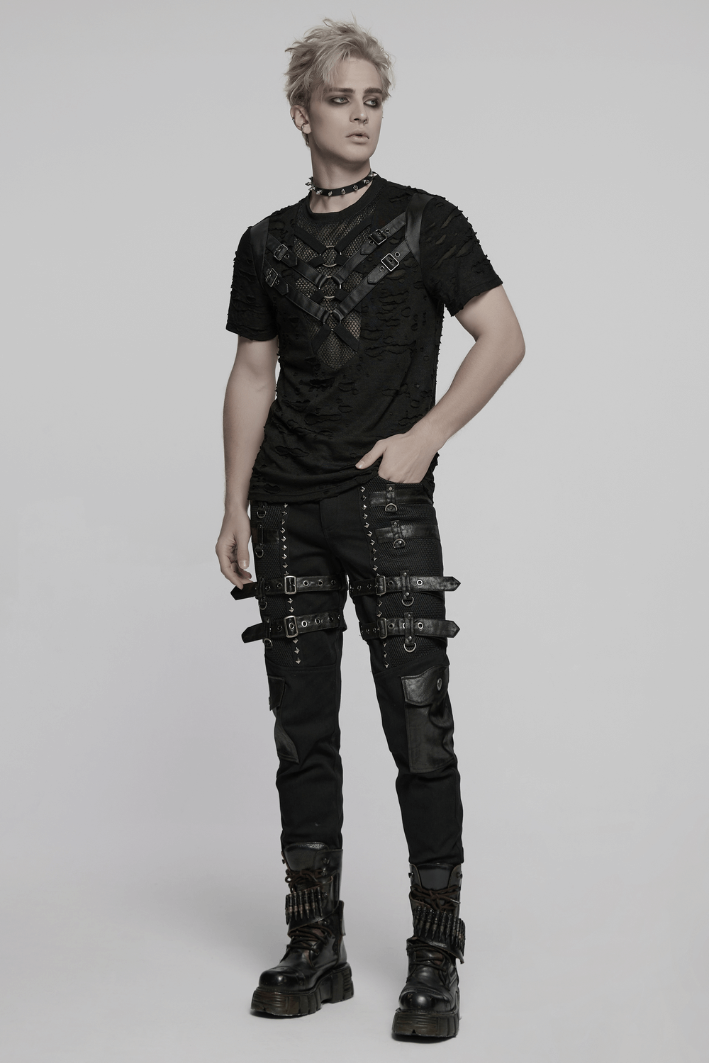 Distressed Punk Mesh T-shirt with Leather Straps and Rings