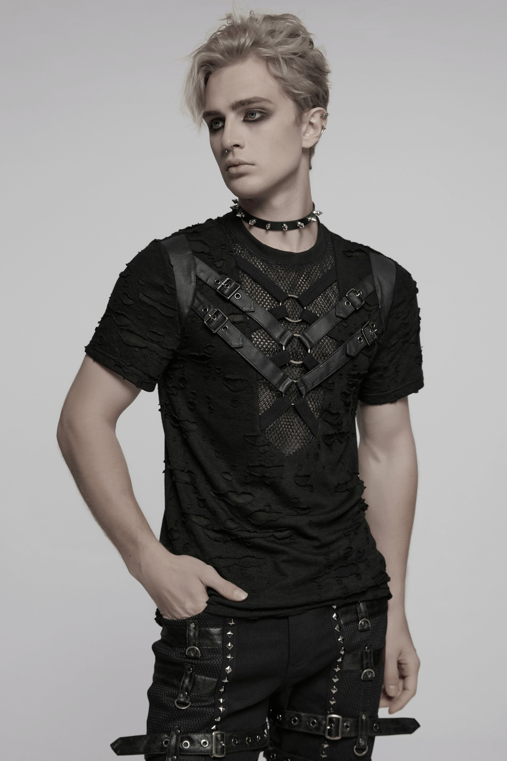 Distressed Punk Mesh T-shirt with Leather Straps and Rings