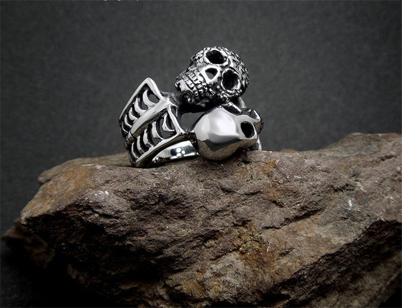 Double Skull Ring / Unique Design Vintage Stainless Steel Rings For Rocker / Biker Jewelry