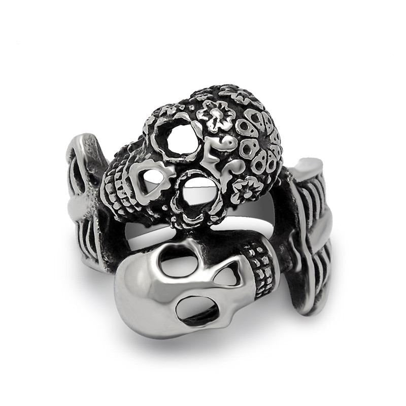 Double Skull Ring / Unique Design Vintage Stainless Steel Rings For Rocker / Biker Jewelry