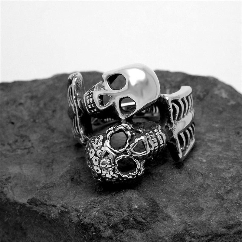 Double Skull Ring / Unique Design Vintage Stainless Steel Rings For Rocker / Biker Jewelry