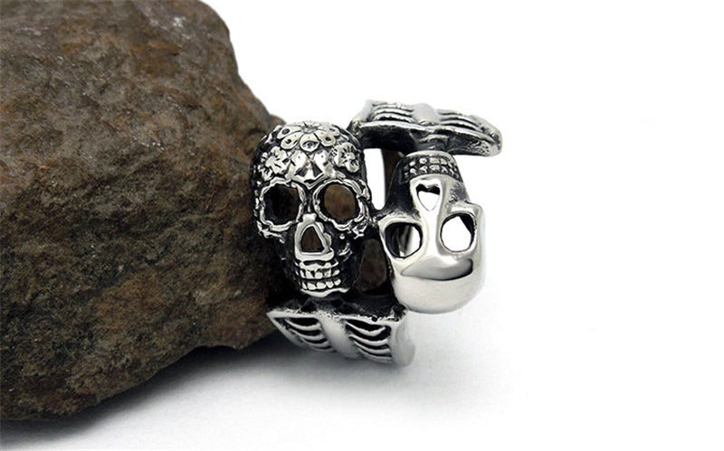 Double Skull Ring / Unique Design Vintage Stainless Steel Rings For Rocker / Biker Jewelry
