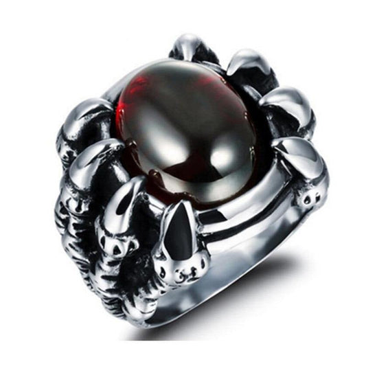 Dragon Claw Stainless Steel Ring with Red CZ Cubic Zirconia  / Silver Color Tone / Gothic Jewelry