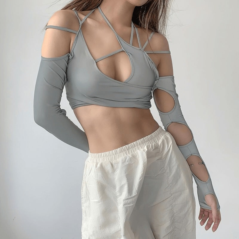 Sexy Cut Out Long Sleeves Crop Top / Women's Asymmetrical Short Tops in Alternative Style
