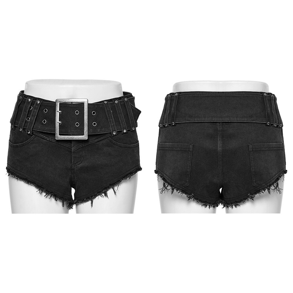 Edgy Black Denim Shorts with Metal Buckle and Belt