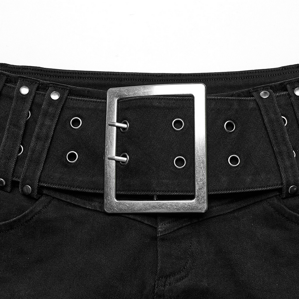 Edgy Black Denim Shorts with Metal Buckle and Belt