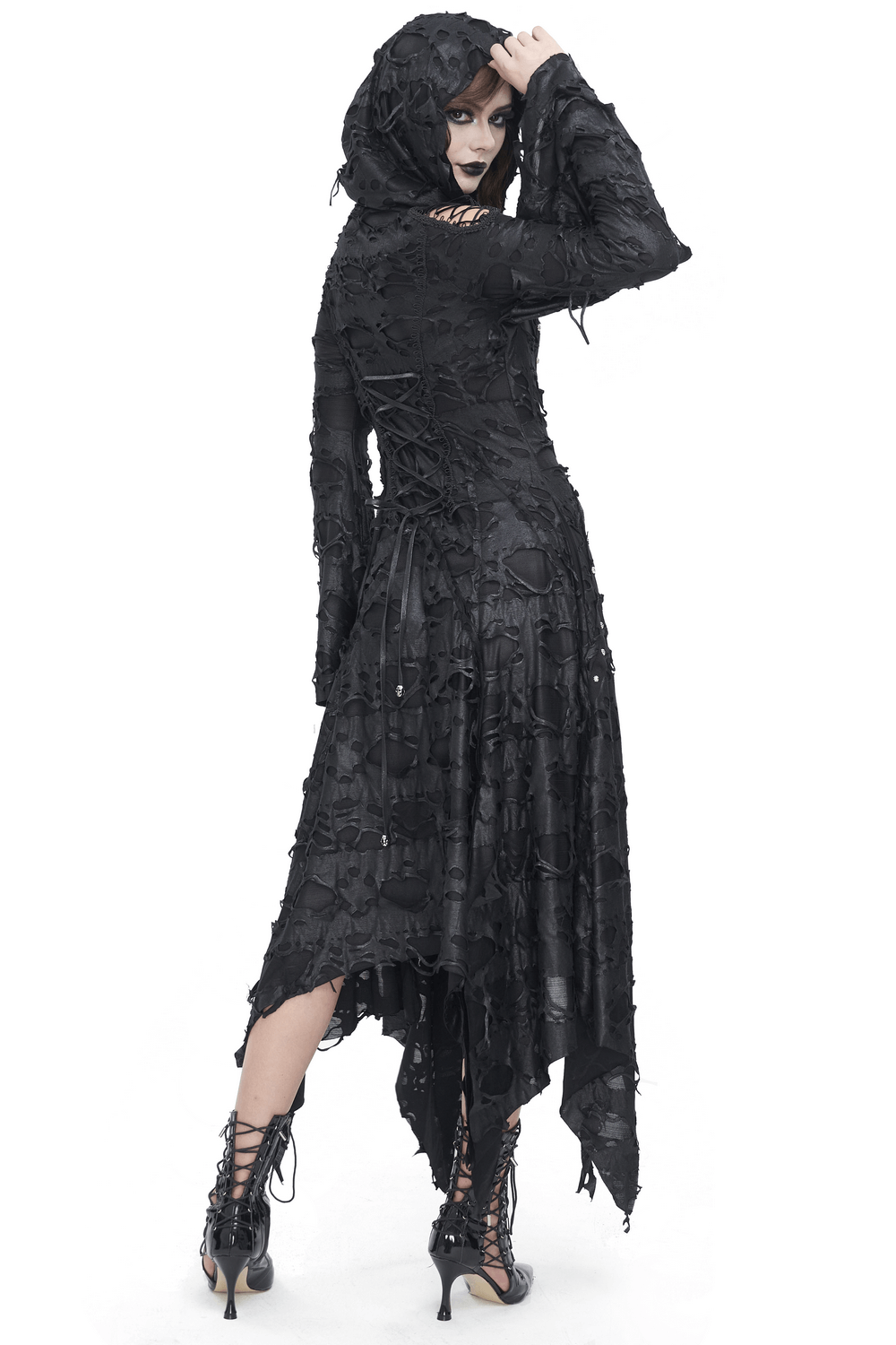 Edgy Black Irregular Distressed Hooded Coat for Women