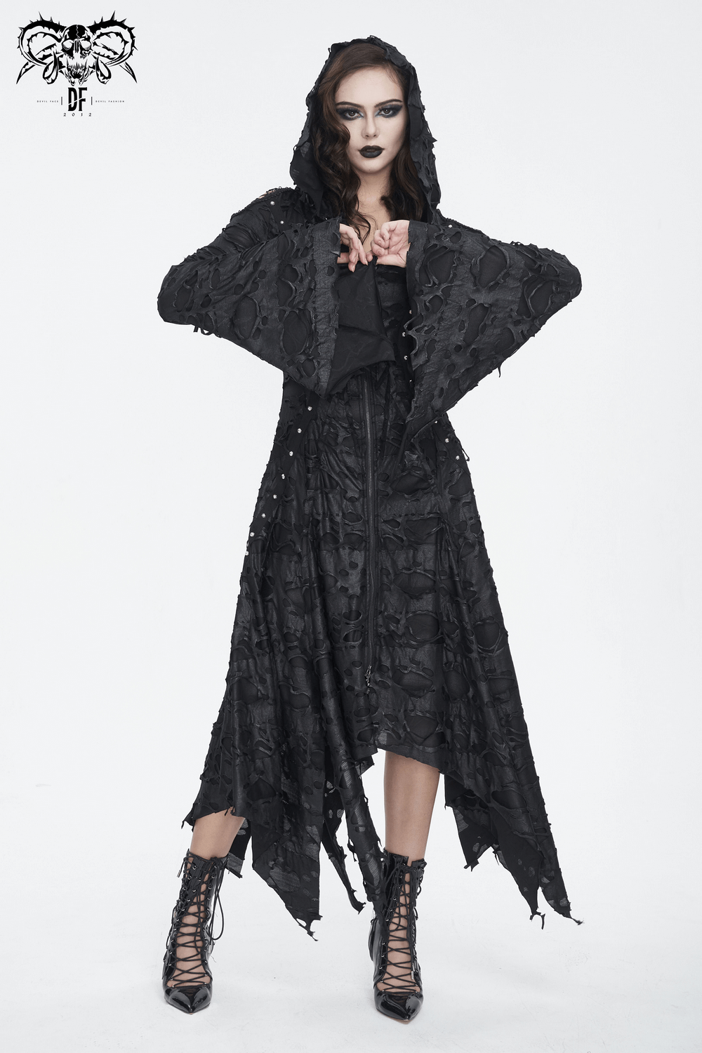 Edgy Black Irregular Distressed Hooded Coat for Women