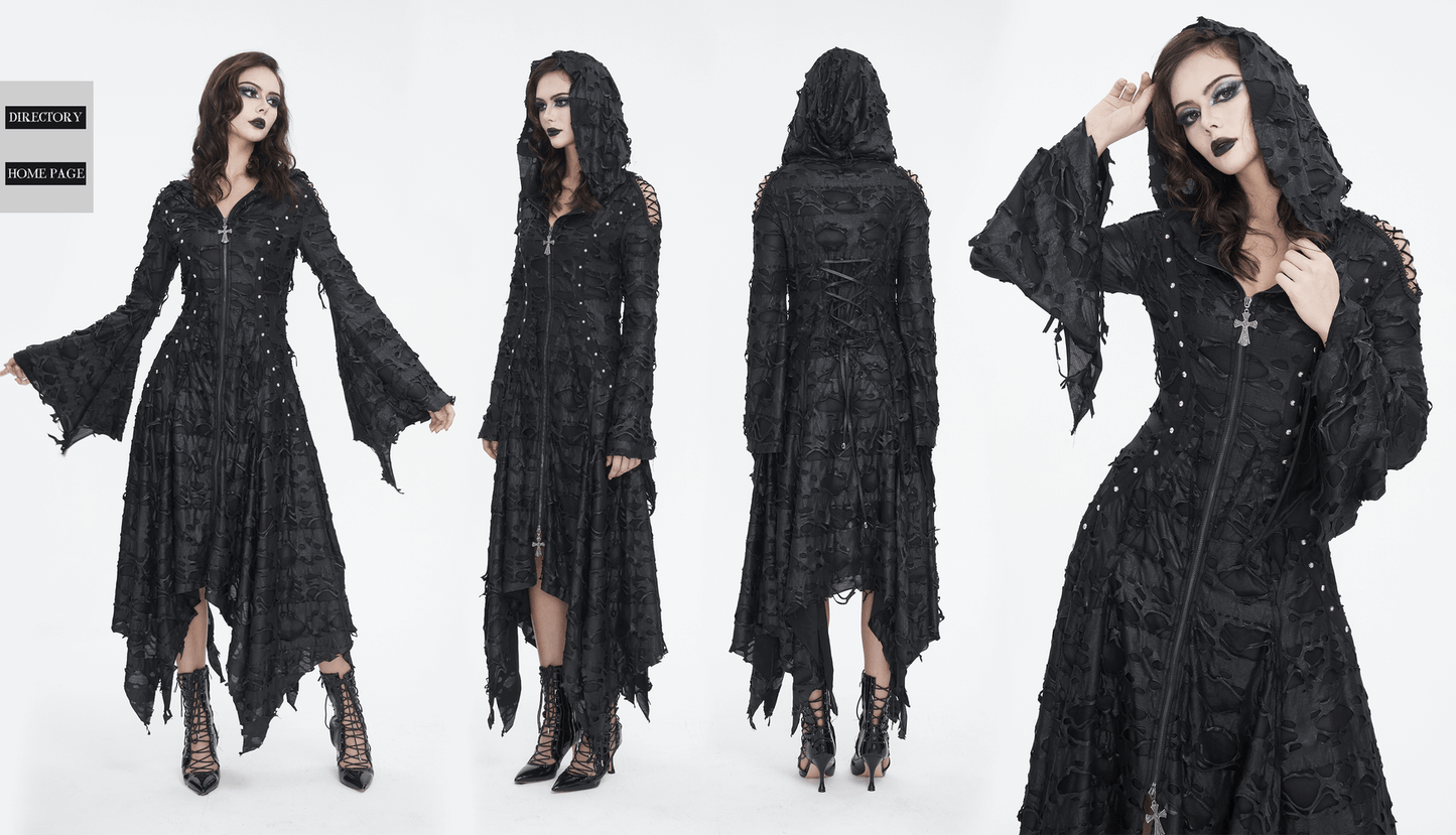 Edgy Black Irregular Distressed Hooded Coat for Women