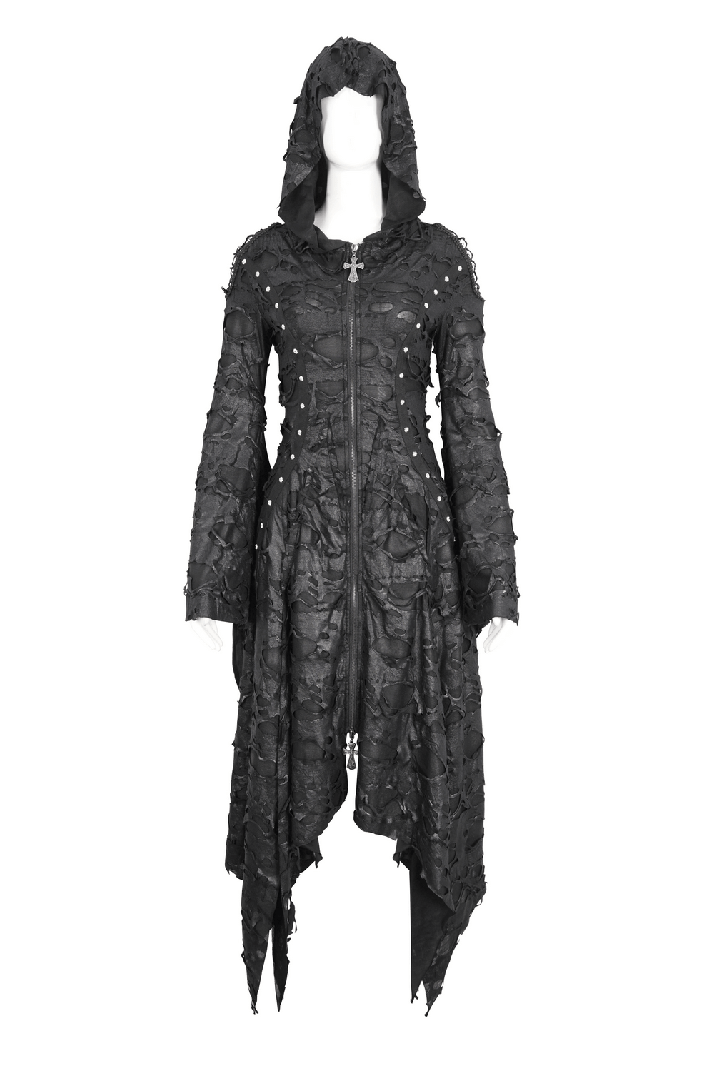 Edgy Black Irregular Distressed Hooded Coat for Women