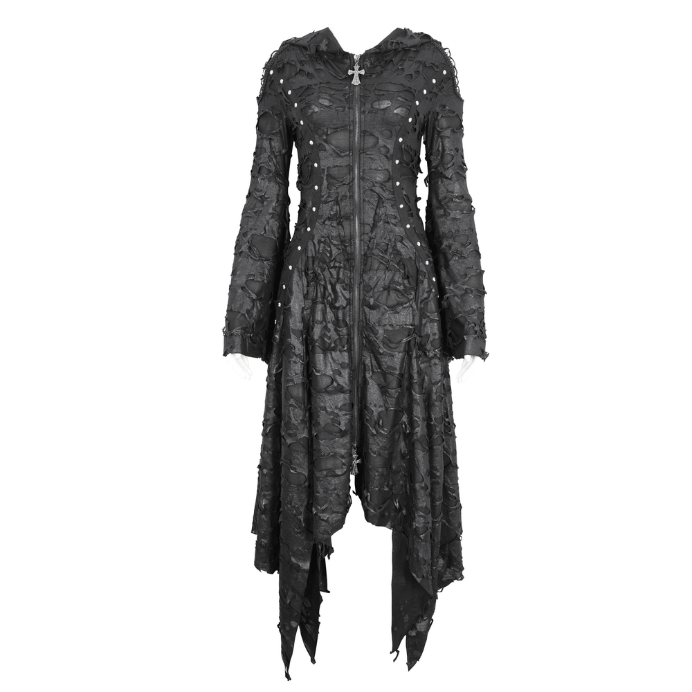 Edgy Black Irregular Distressed Hooded Coat for Women