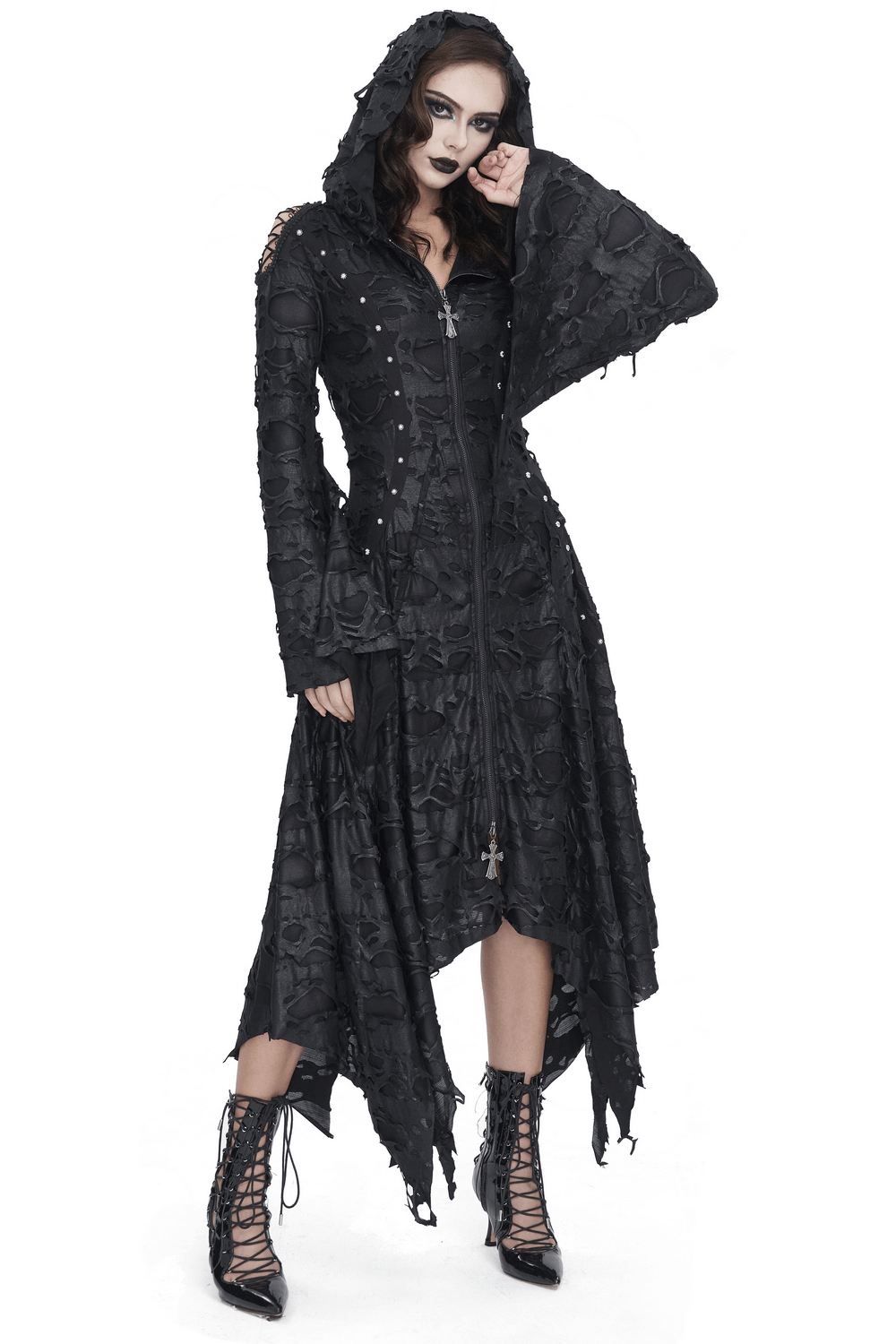 Edgy Black Irregular Distressed Hooded Coat for Women