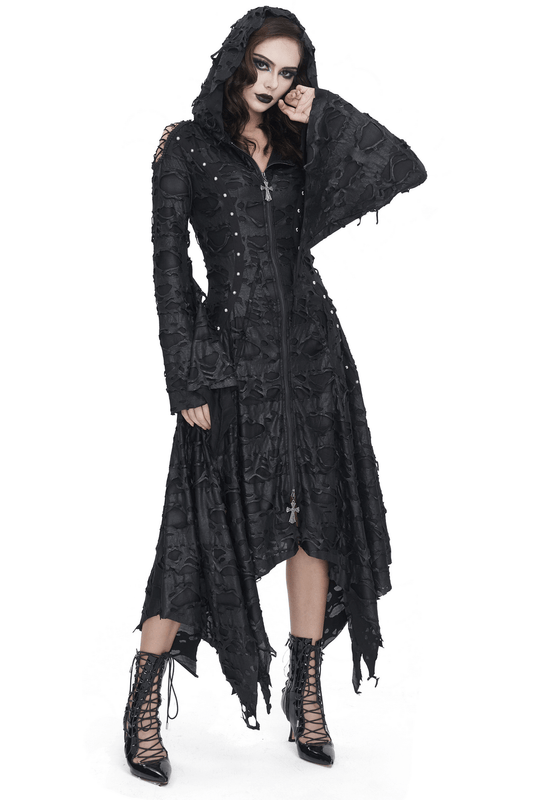 Edgy Black Irregular Distressed Hooded Coat for Women