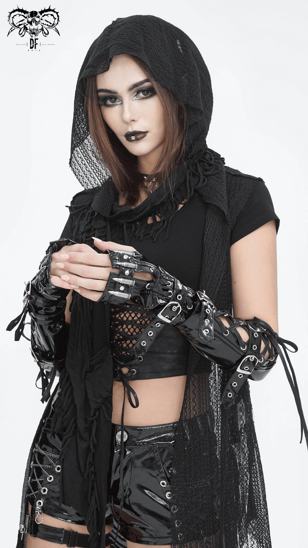 Edgy Black Lace Up Fingerless Gloves with Buckles