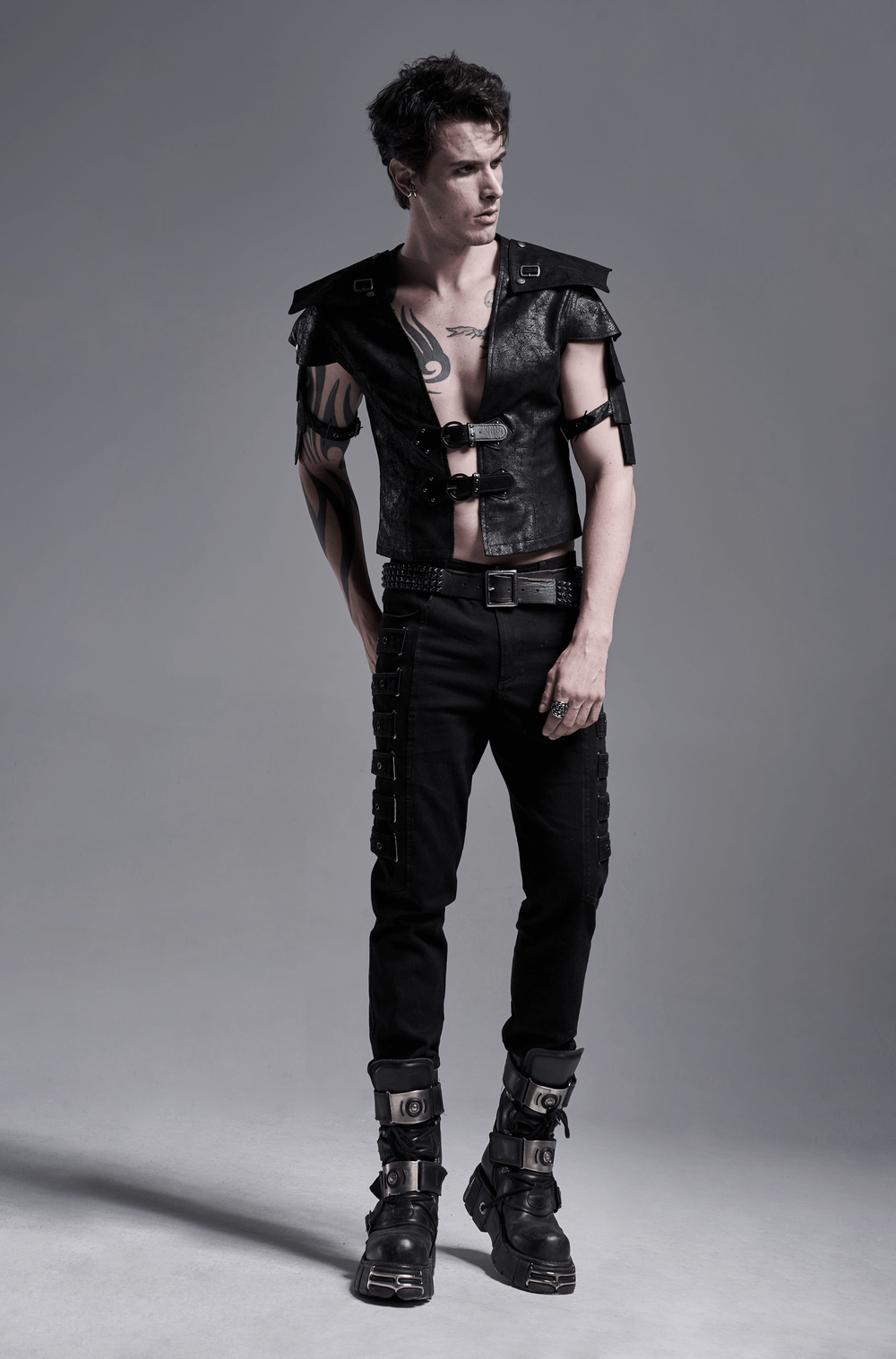 Edgy Black Leather Vest with Adjustable Straps