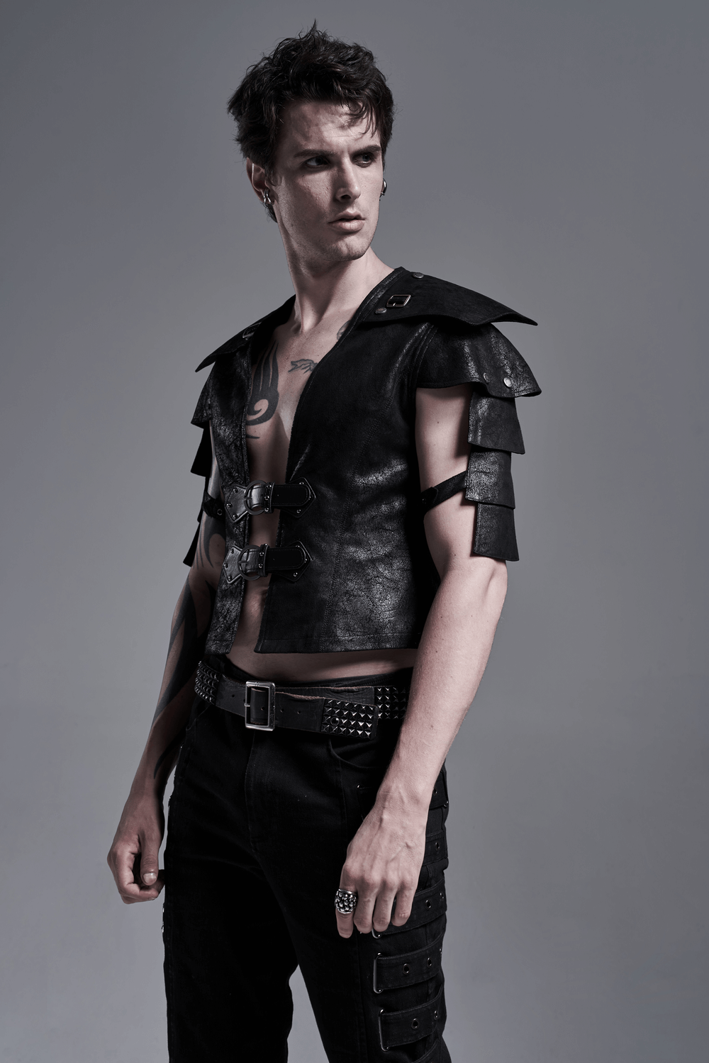 Edgy Black Leather Vest with Adjustable Straps