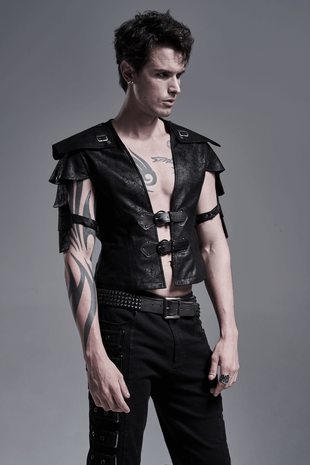 Edgy Black Leather Vest with Adjustable Straps