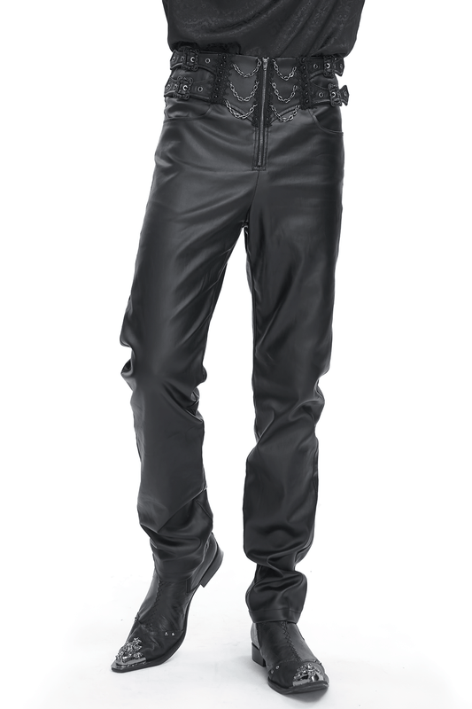 Edgy Black Male Zippered Pants with Buckles Waistband