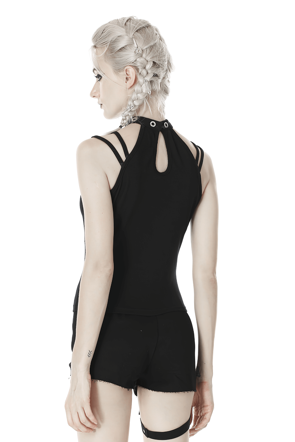 Edgy Black Mesh-Panel Crop Top With Strappy Design