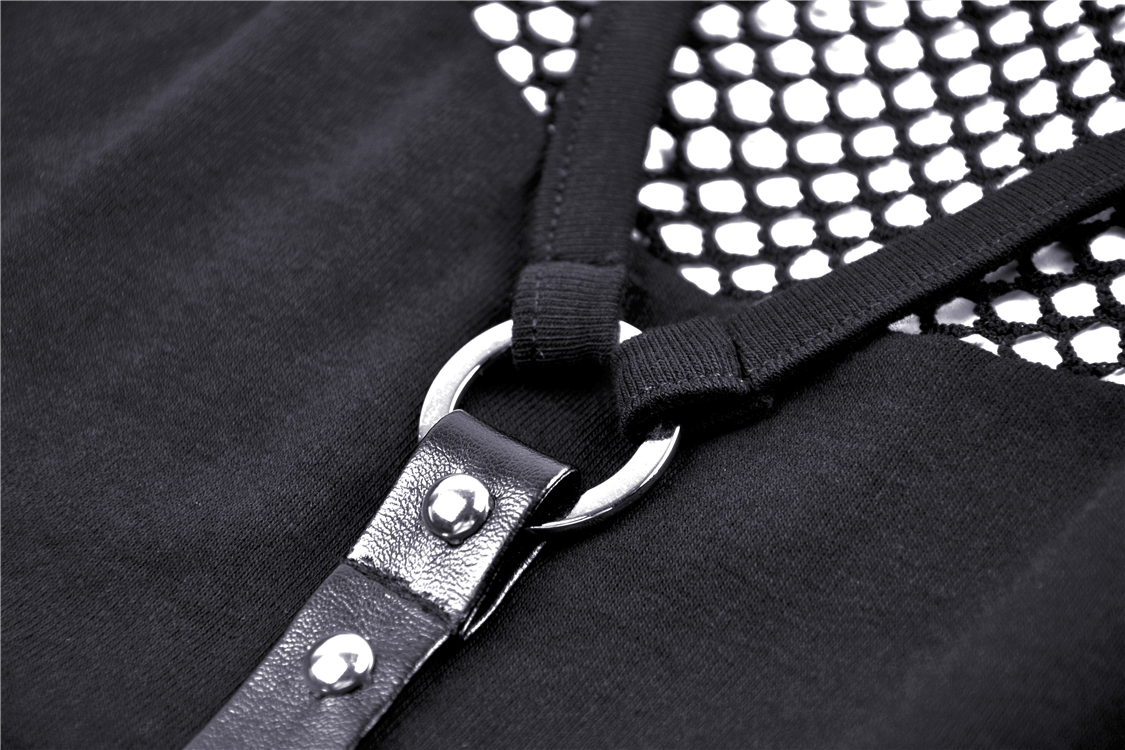 Edgy Black Mesh-Panel Crop Top With Strappy Design