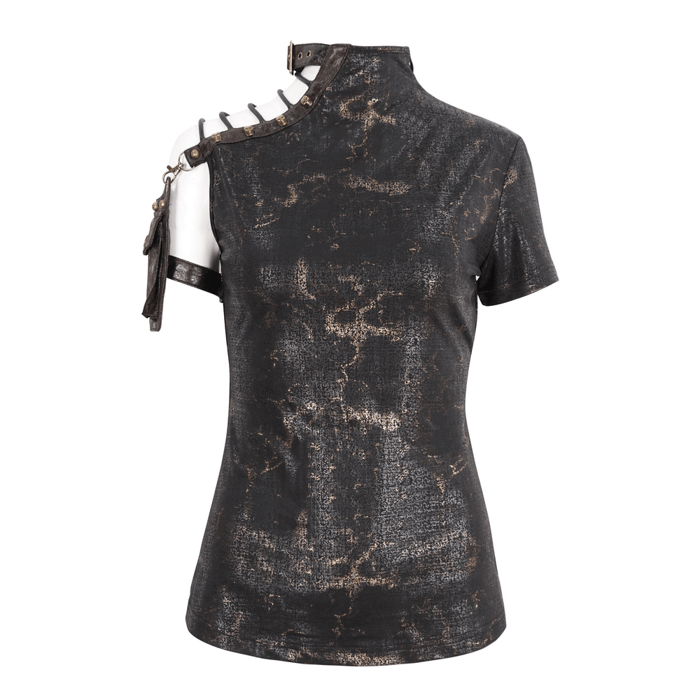 Edgy Black T-shirt with Gold Print and Pocket on Shoulder