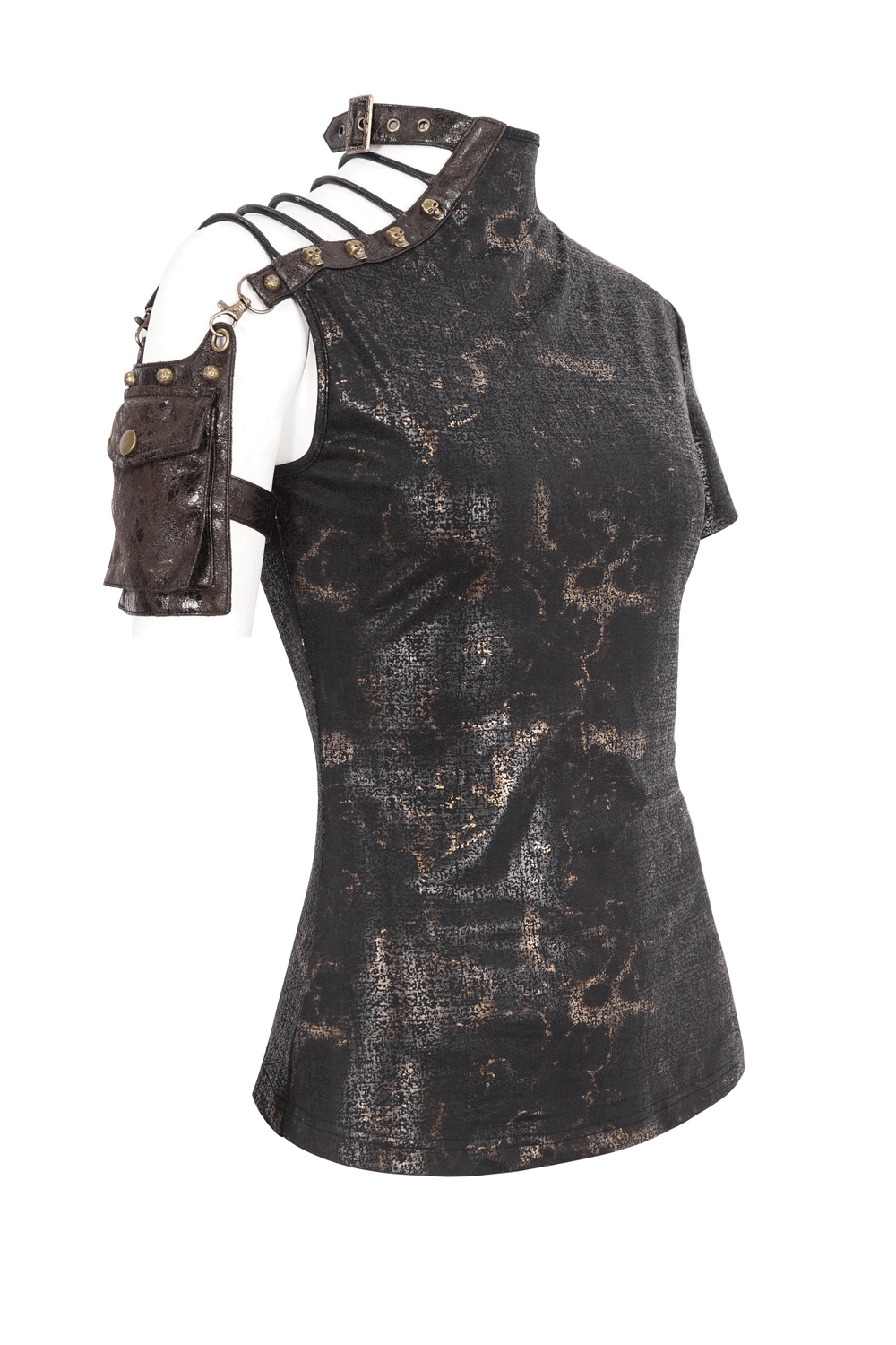 Edgy Black T-shirt with Gold Print and Pocket on Shoulder