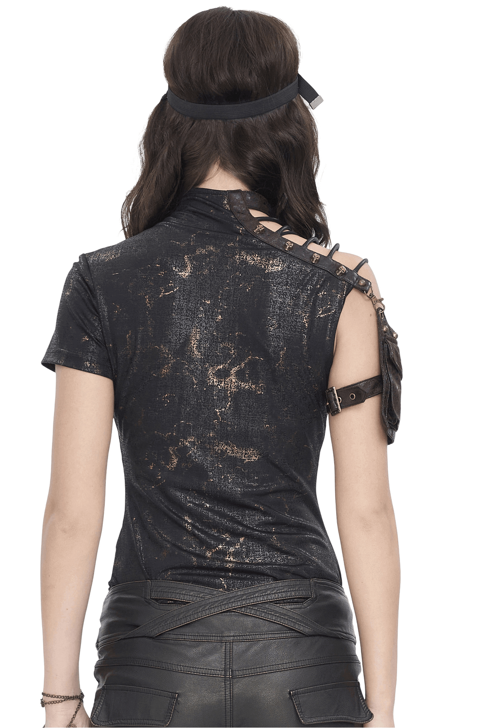 Edgy Black T-shirt with Gold Print and Pocket on Shoulder