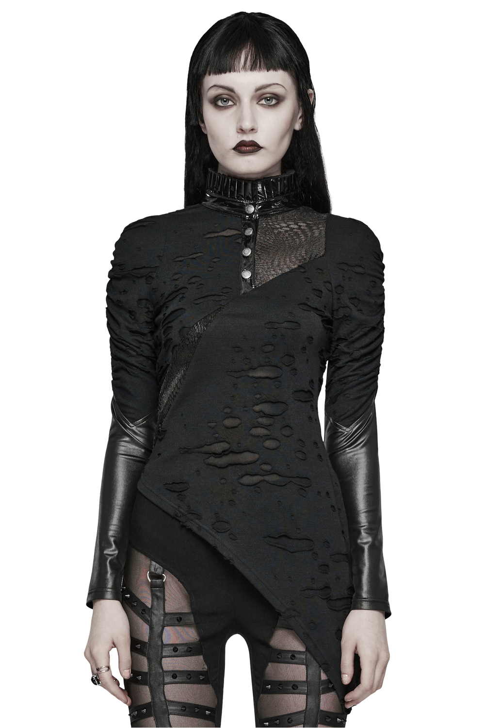Edgy Goth Black Distressed Asymmetrical Top with Holes