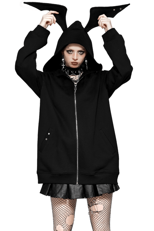 Edgy Gothic Batwing Zip-Up Loose Hoodie for Women