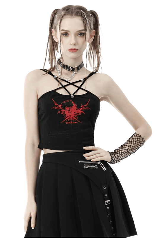 Edgy Gothic Black Crop Top with Red Print and Straps