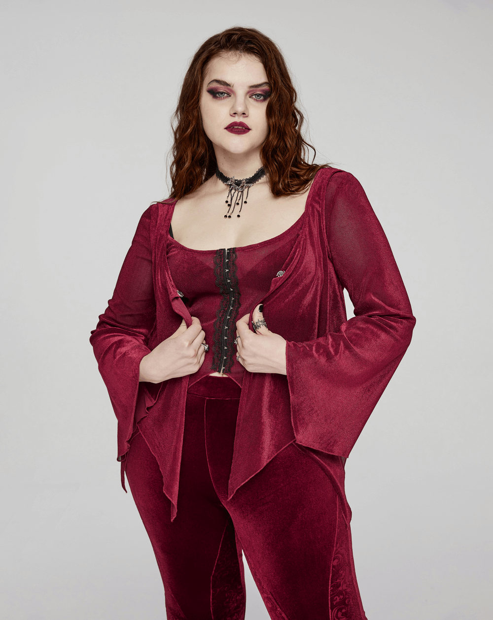 Edgy Gothic Elastic Mesh Two-Piece Top with Hooks