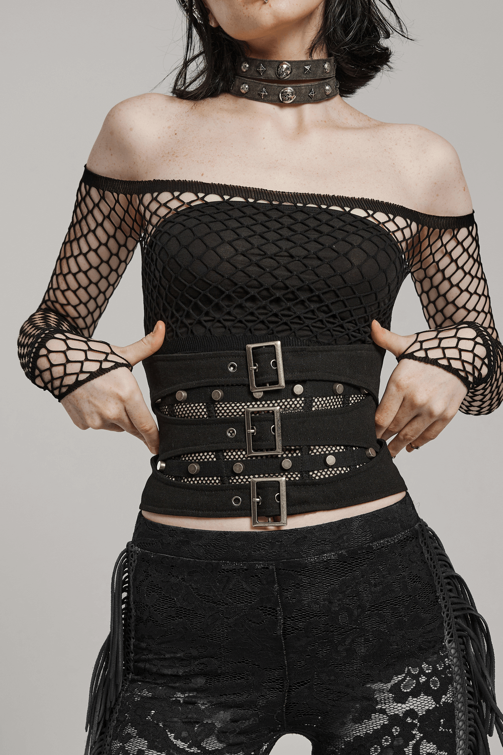 Edgy Lace-up Corset Belt with Mesh and Buckle Details