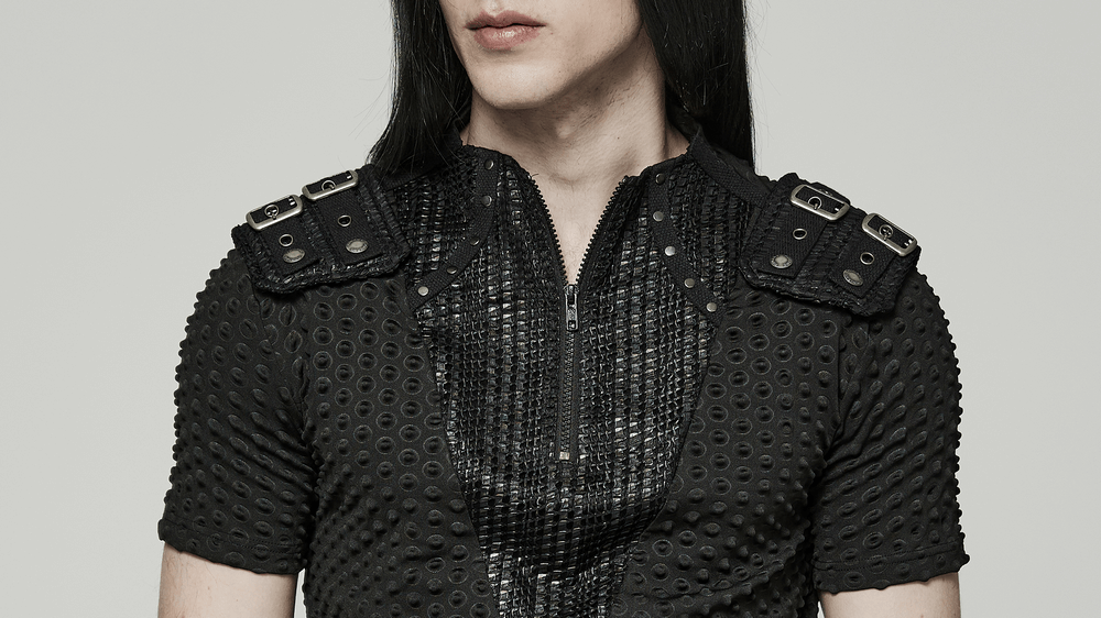 Edgy Mesh-Paneled Punk Tee with Tactical Shoulder Straps