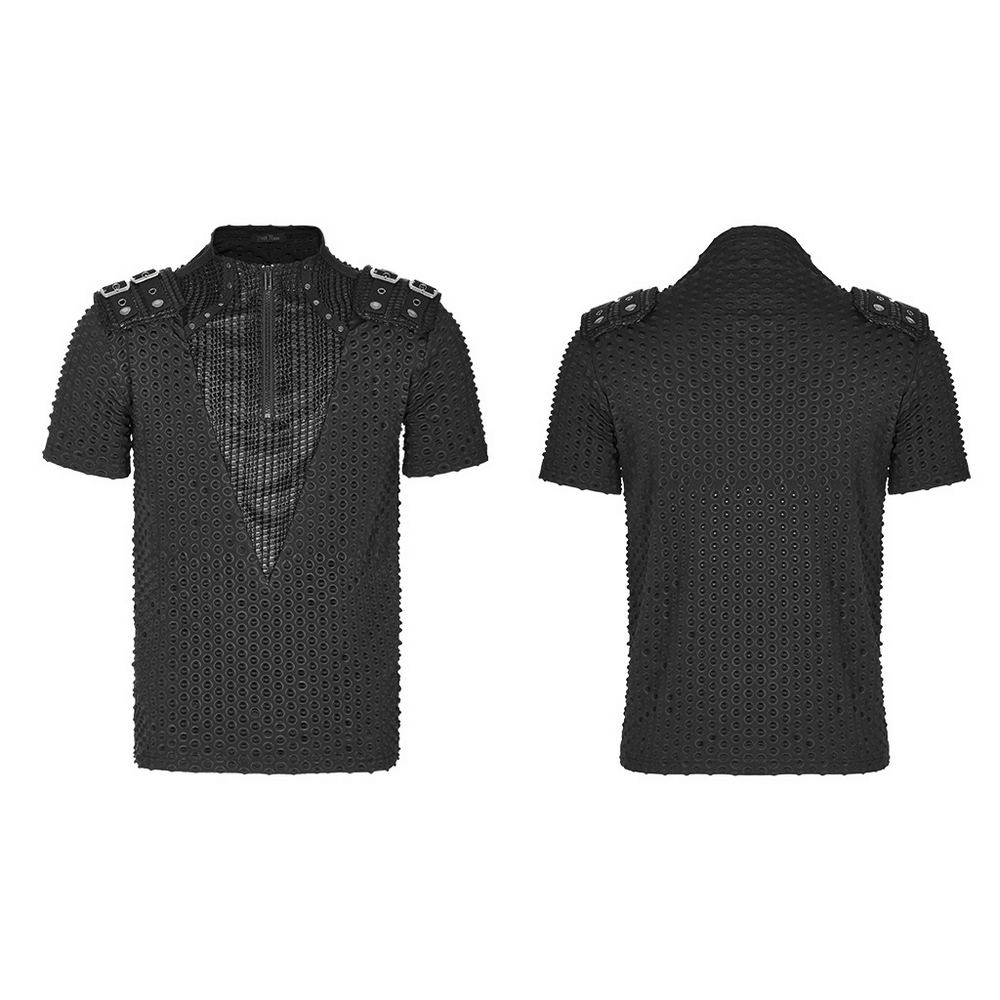 Edgy Mesh-Paneled Punk Tee with Tactical Shoulder Straps