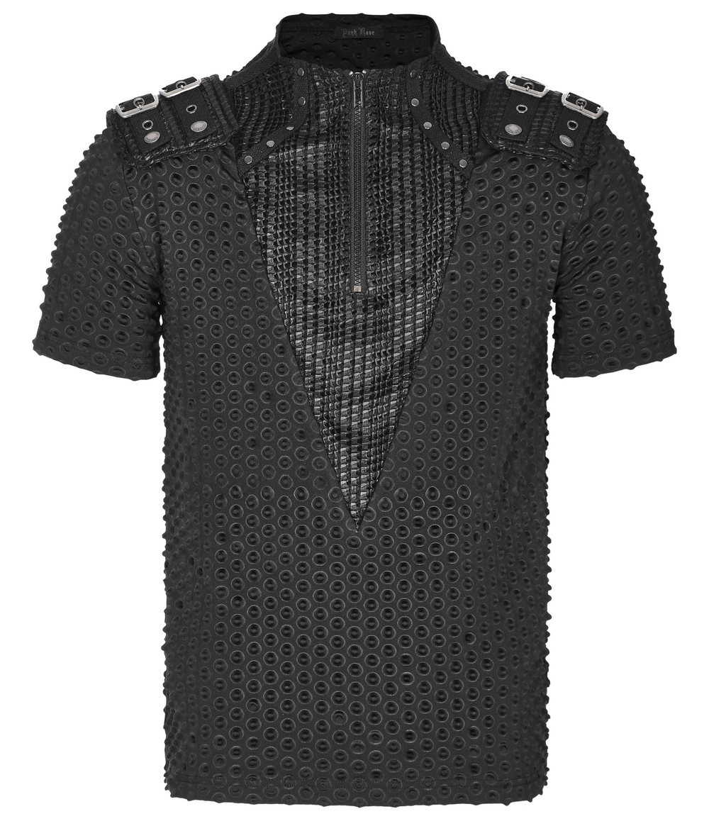 Edgy Mesh-Paneled Punk Tee with Tactical Shoulder Straps