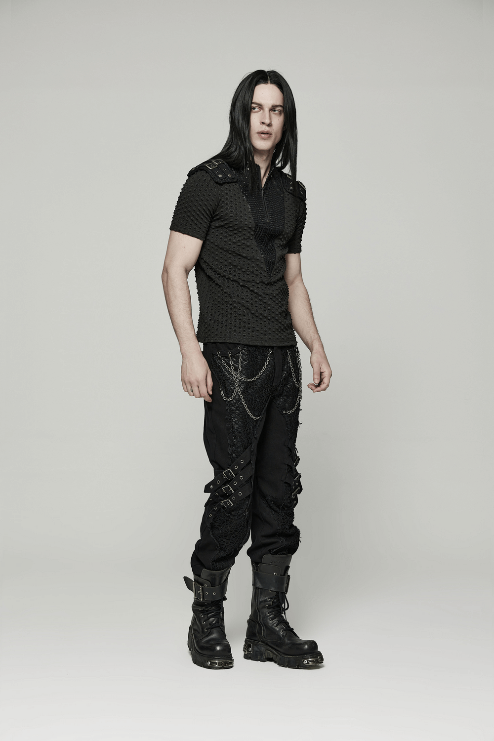 Edgy Mesh-Paneled Punk Tee with Tactical Shoulder Straps