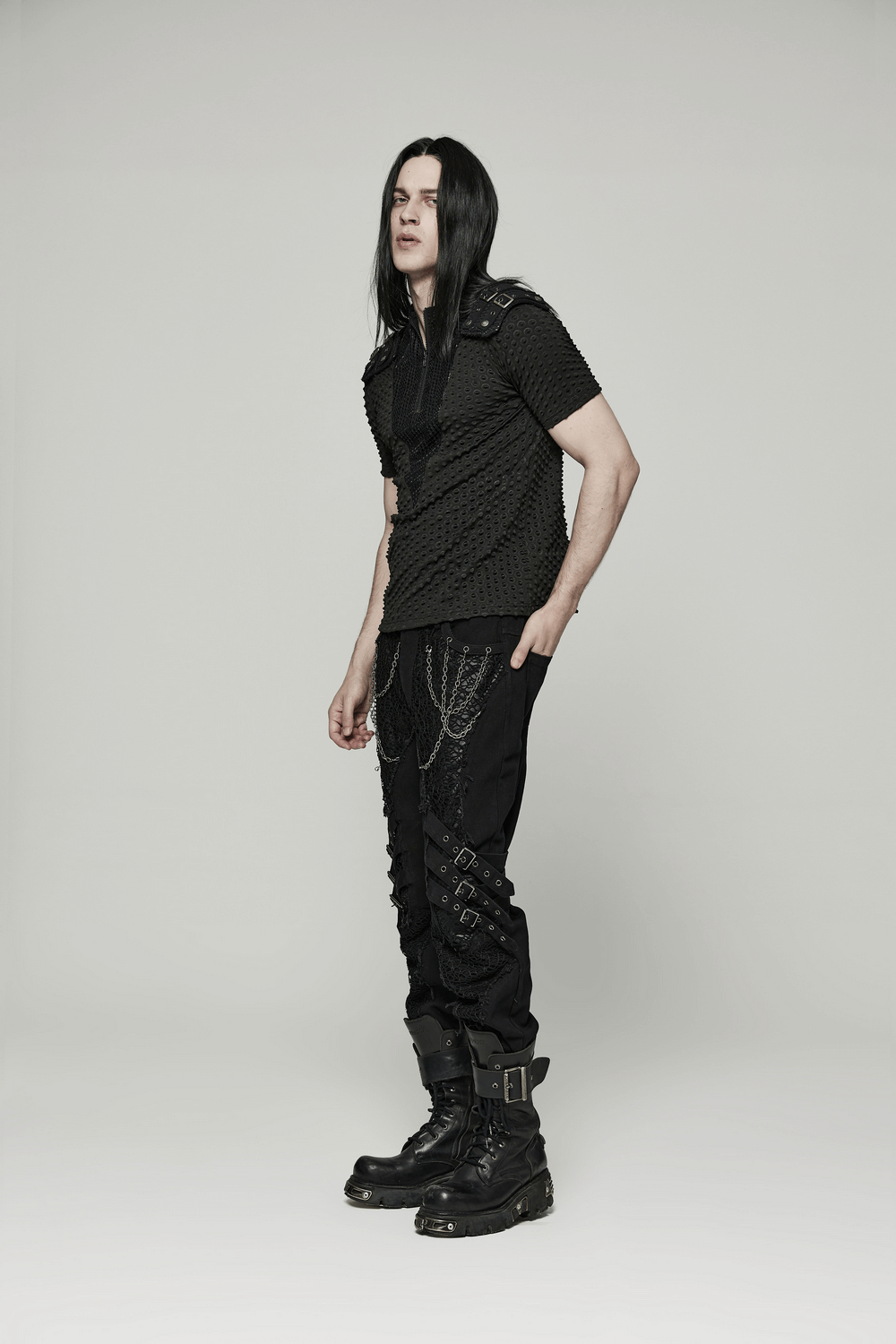 Edgy Mesh-Paneled Punk Tee with Tactical Shoulder Straps
