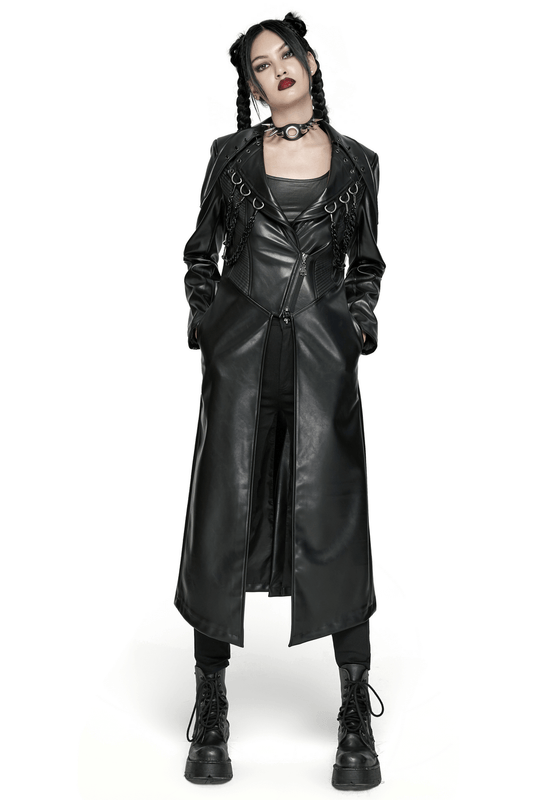Edgy PU Leather Long Coat with Buckles and Chains