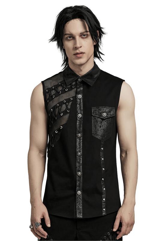 Edgy Punk Sleeveless Asymmetric Mesh Shirt for Men