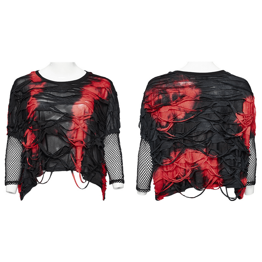 Edgy Punk Tie-Dye Loose Top with Mesh Sleeves for Women