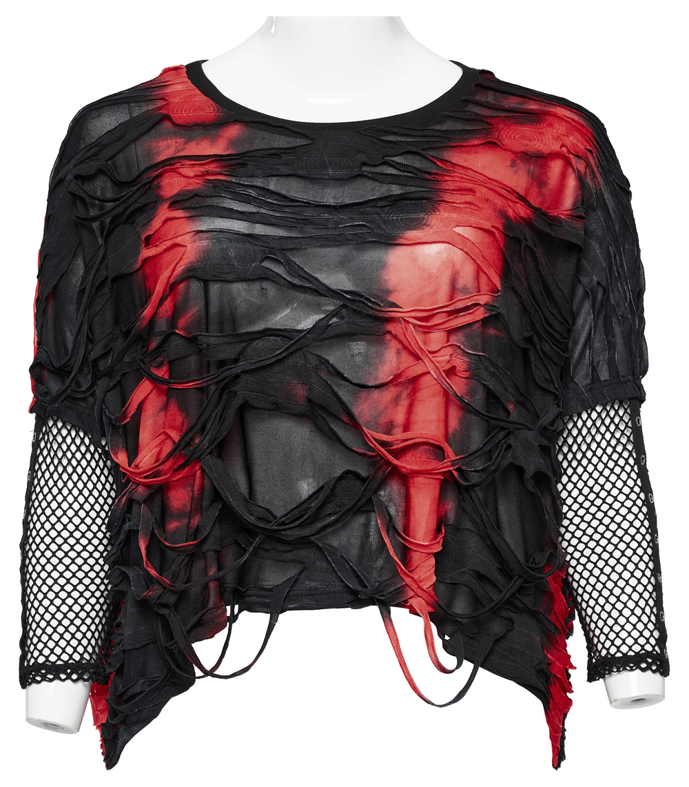 Edgy Punk Tie-Dye Loose Top with Mesh Sleeves for Women