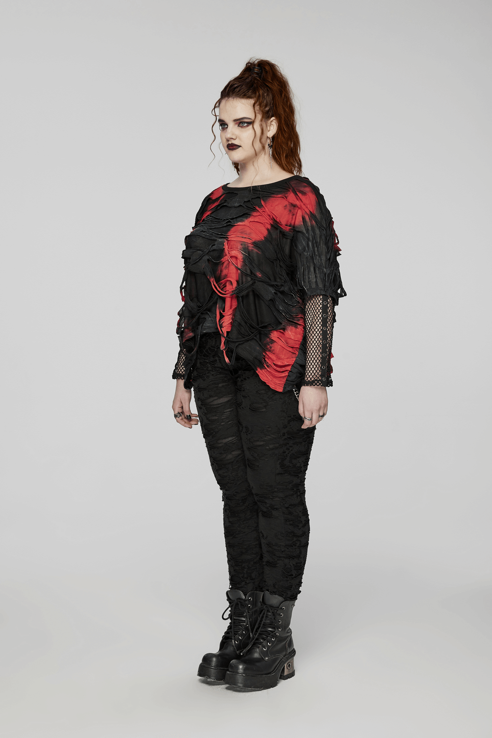 Edgy Punk Tie-Dye Loose Top with Mesh Sleeves for Women