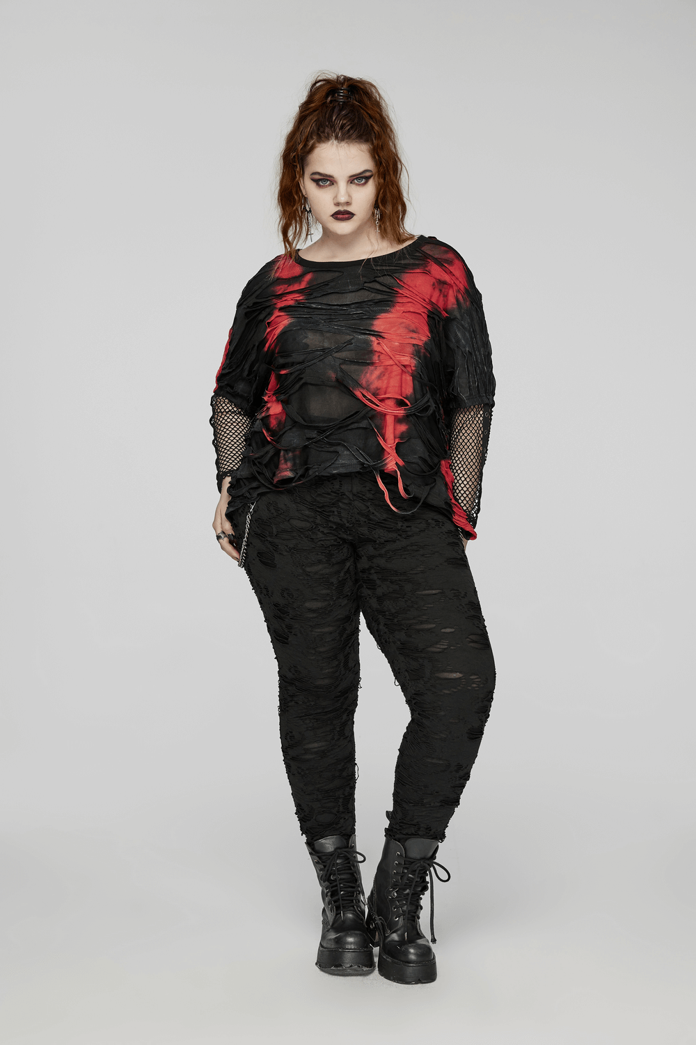 Edgy Punk Tie-Dye Loose Top with Mesh Sleeves for Women