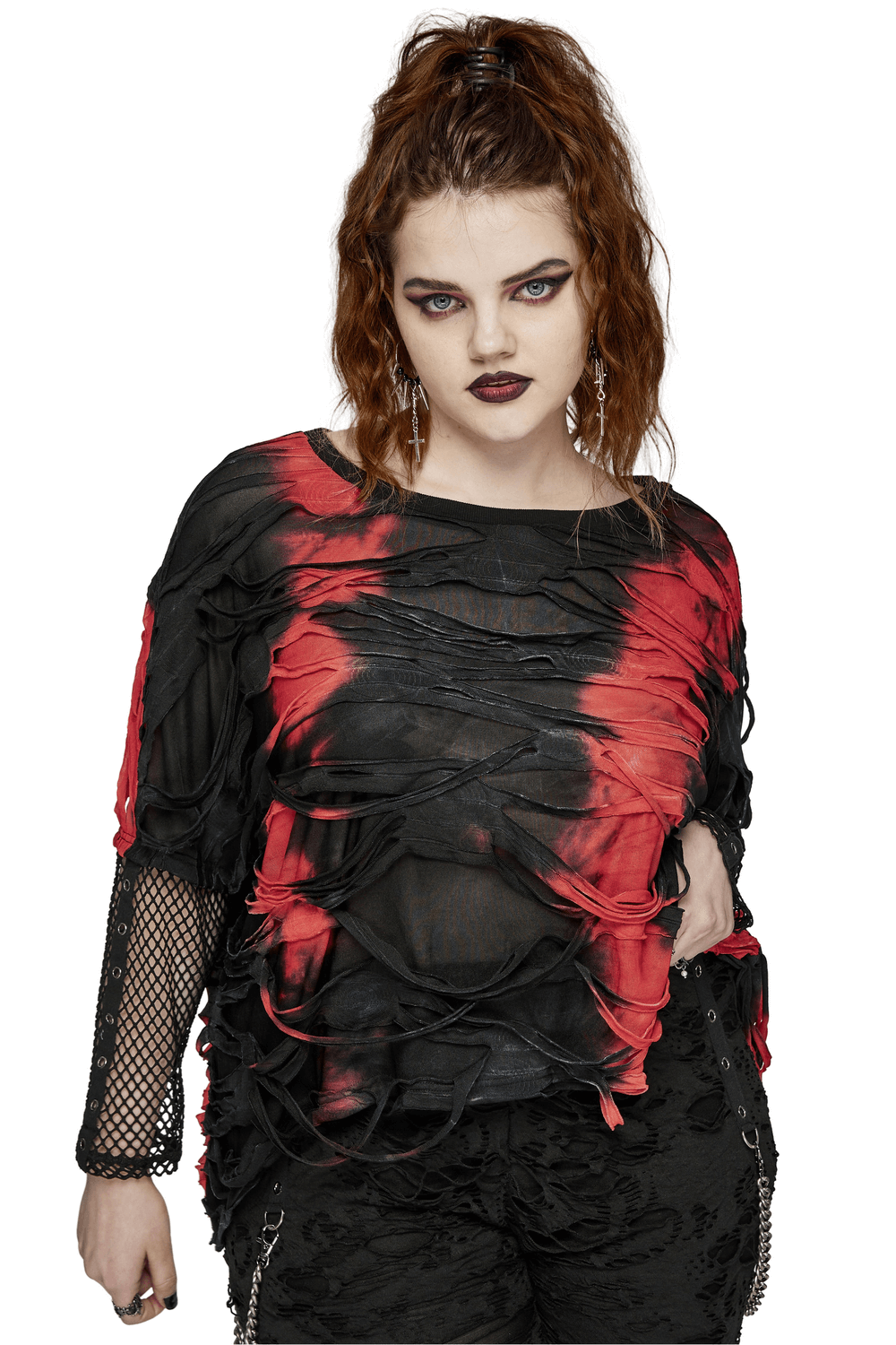 Edgy Punk Tie-Dye Loose Top with Mesh Sleeves for Women